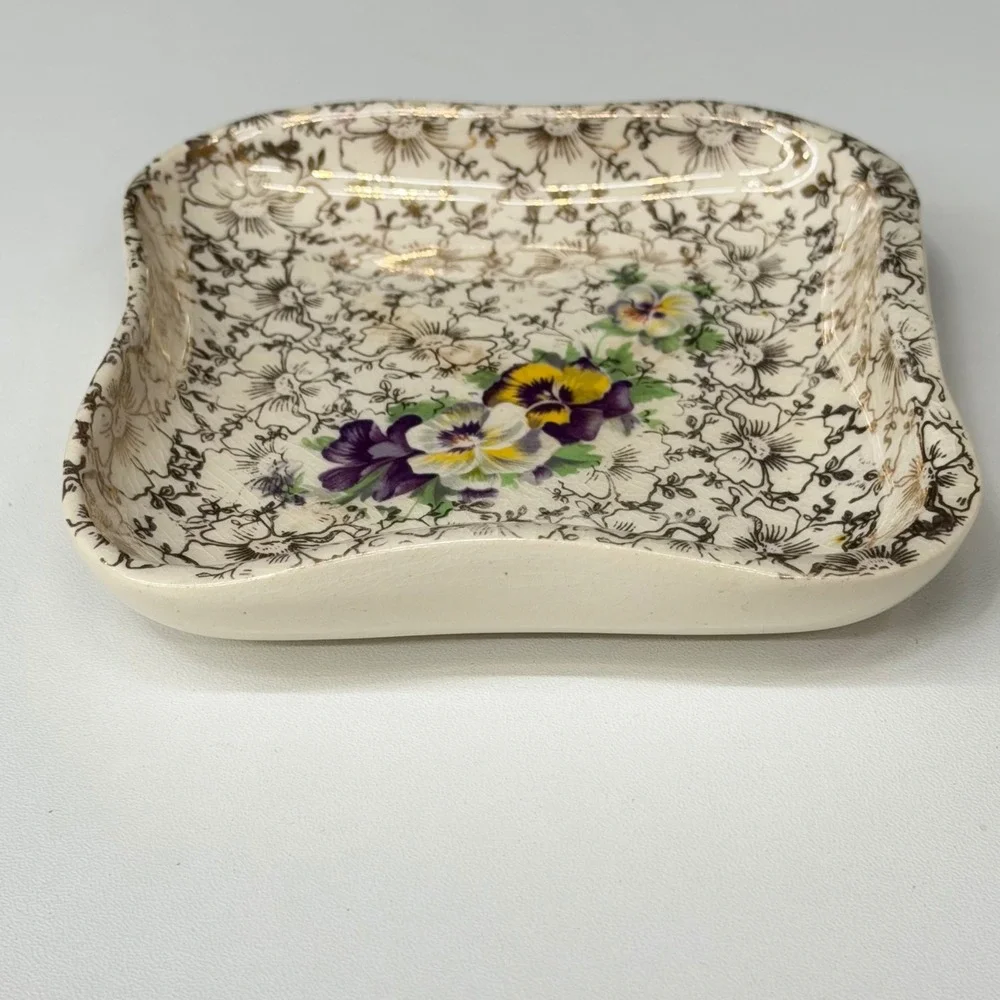 Vintage Pansy Floral Porcelain Trinket Dish Square Jewelry Ring Vanity Pin Tray
